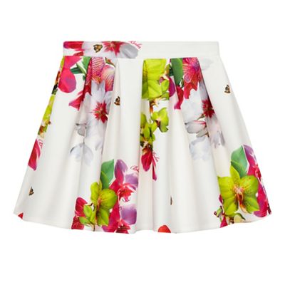 Girls' white floral print scuba skirt
